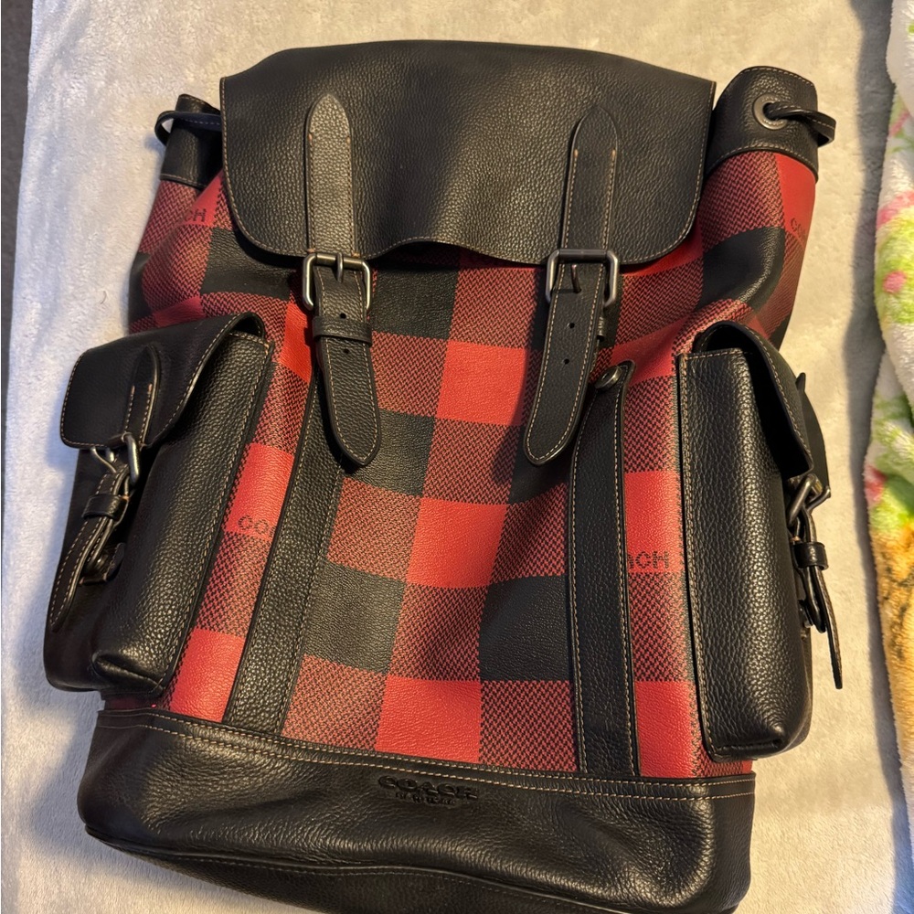 Coach Red and Black Plaid Backpack with Leather Accents